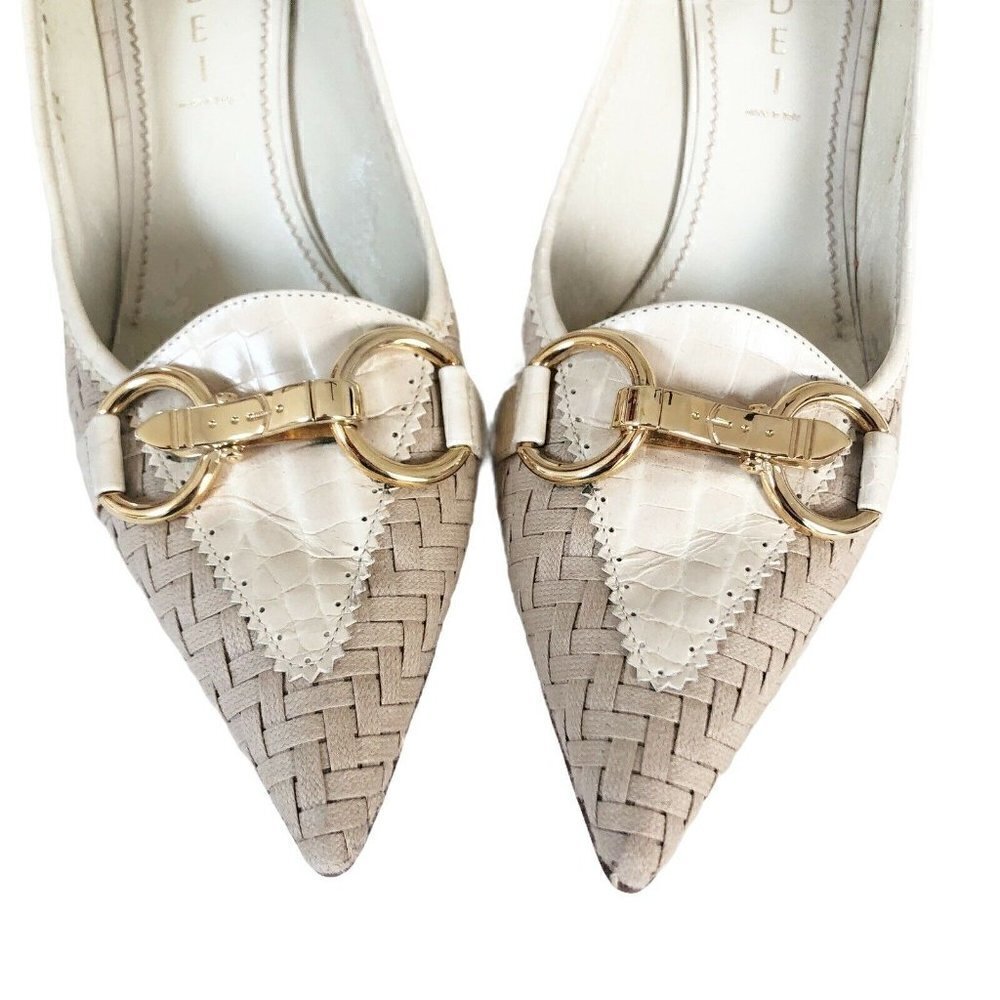 Casadei Beige Woven Leather Gold Horse Bit Heels - Picture 4 of 12